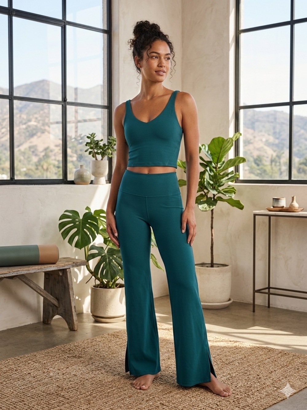 Gilly Hicks Active Recharge Two-Piece Set Teal Crop Tank Top and Flare Leggings